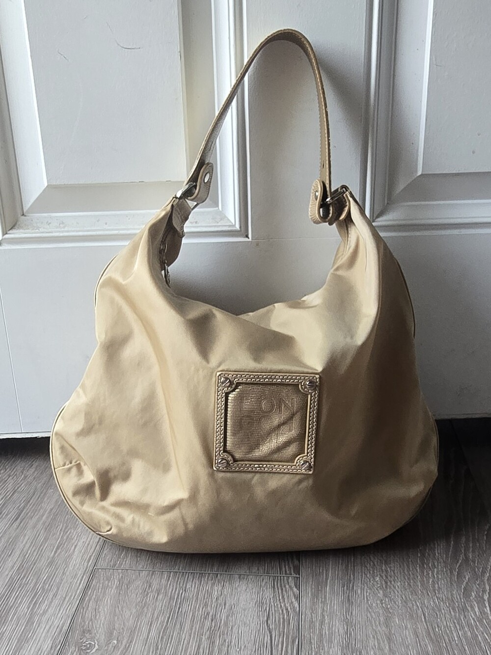 Longchamp Paris 1948 Large Cream Nylon Hobo Bag Leather Strap Made in France